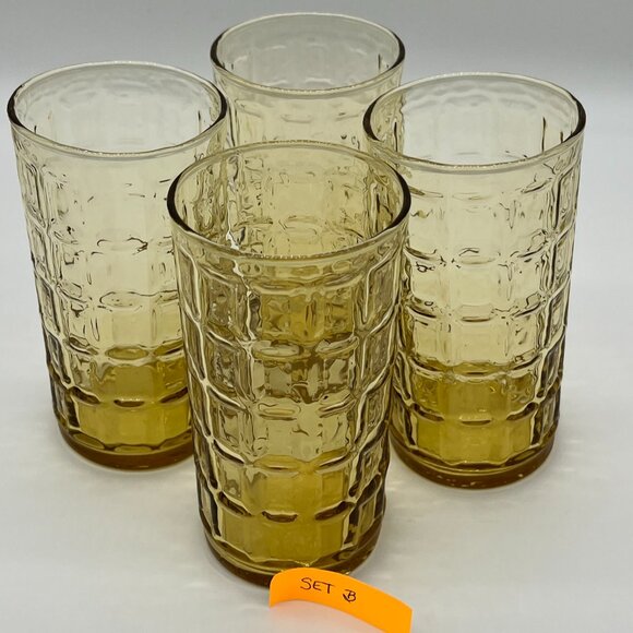 Vintage Libbey Amber Yellow Pisa Windowpane Glasses Set of 4 - lot B - Picture 1 of 8